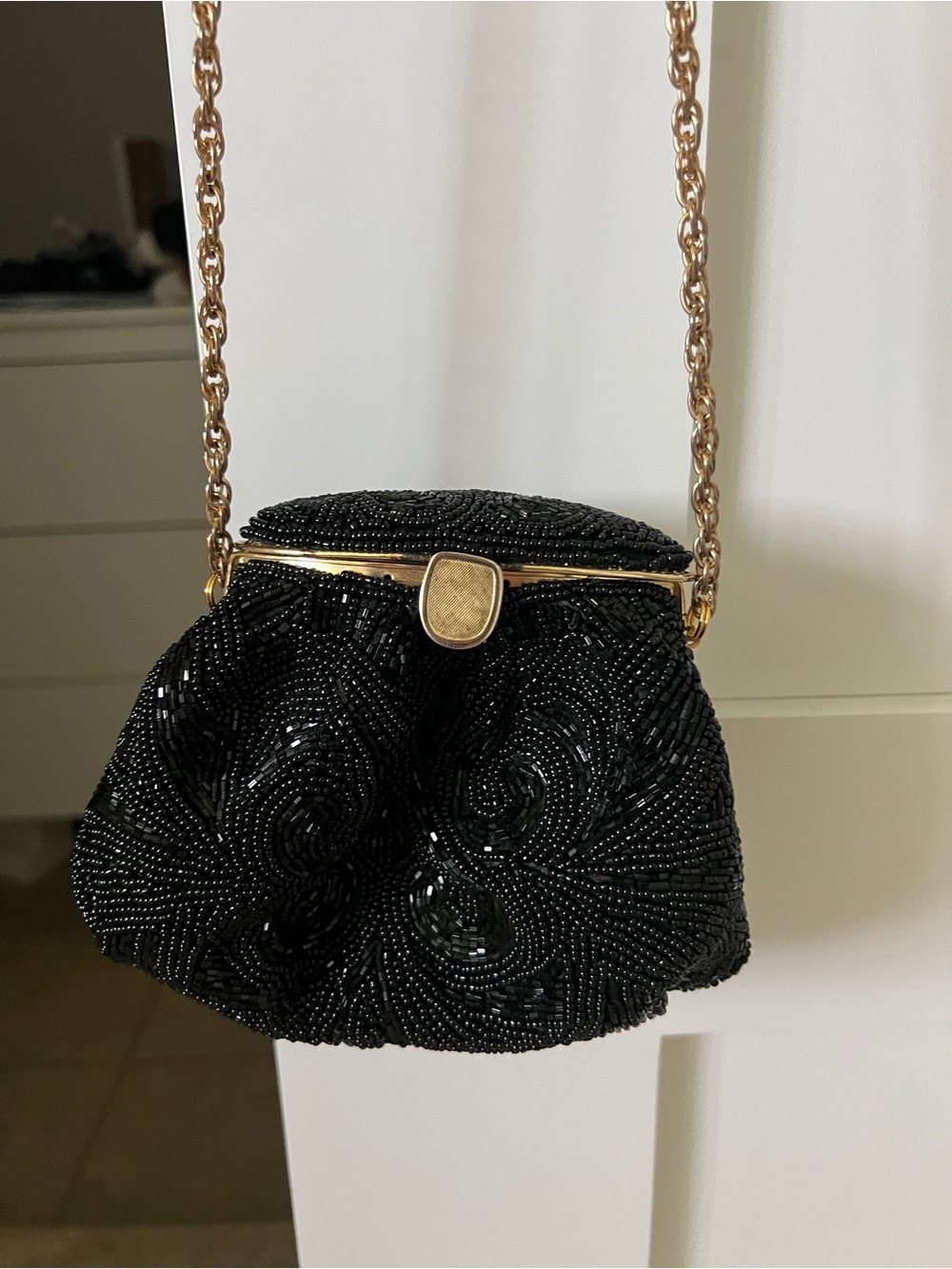 Vintage Black Beaded Evening Bag with Gold Chain